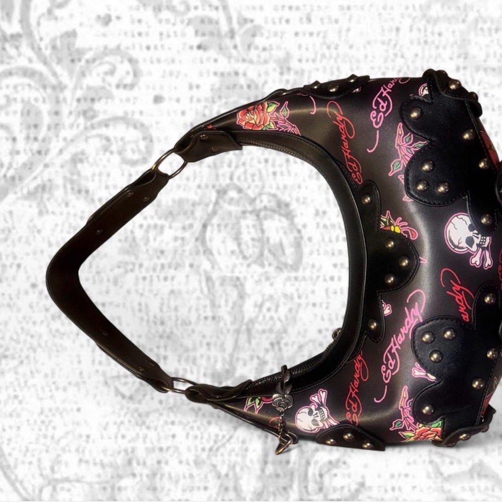 Ed Hardy Black Shoulder Bag with Pink & Green Floral Skull Print